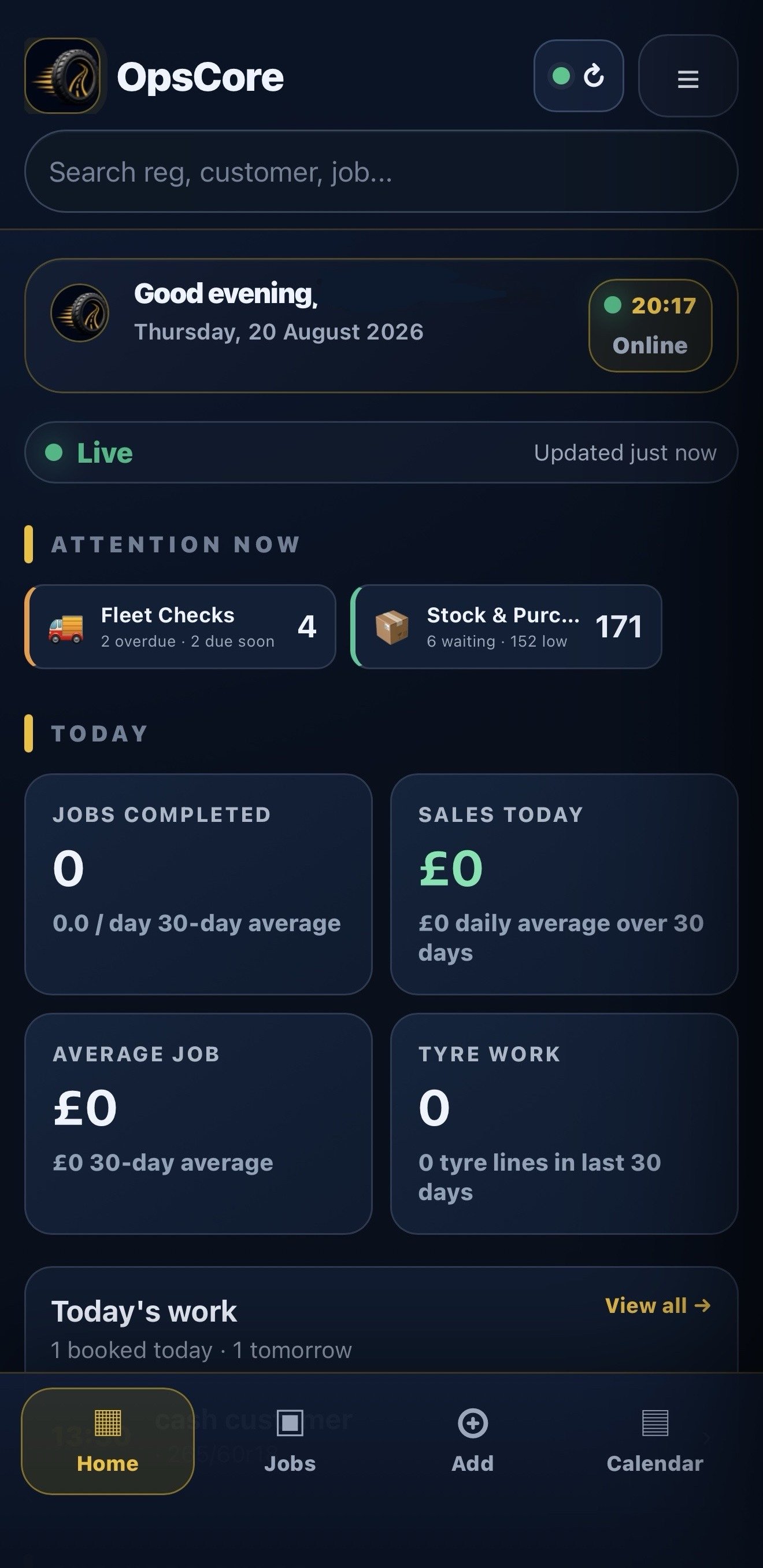 OpsCore mobile job dashboard on an iPhone